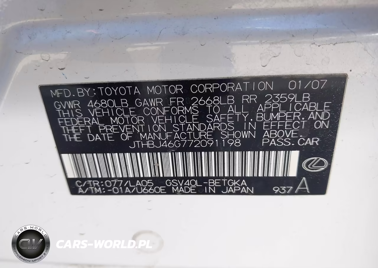 2007 Lexus Es 350 VIN:JTHBJ46G772091198 - 9