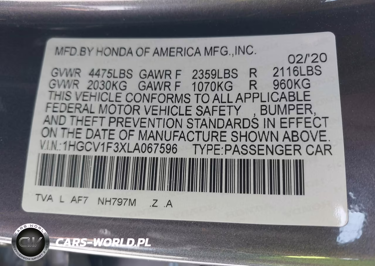 2020 Honda Accord Sport VIN:1HGCV1F3XLA067596 - 9
