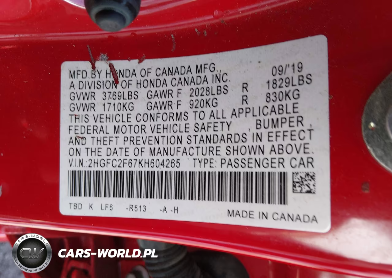 2019 Honda Civic Lx VIN:2HGFC2F67KH604265 - 9