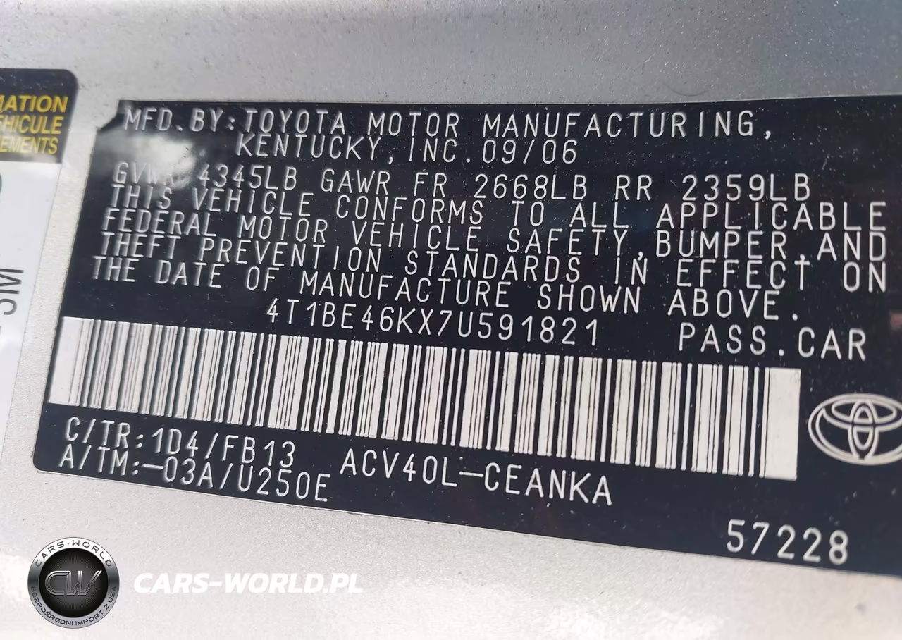 2007 Toyota Camry Le VIN:4T1BE46KX7U591821 - 9