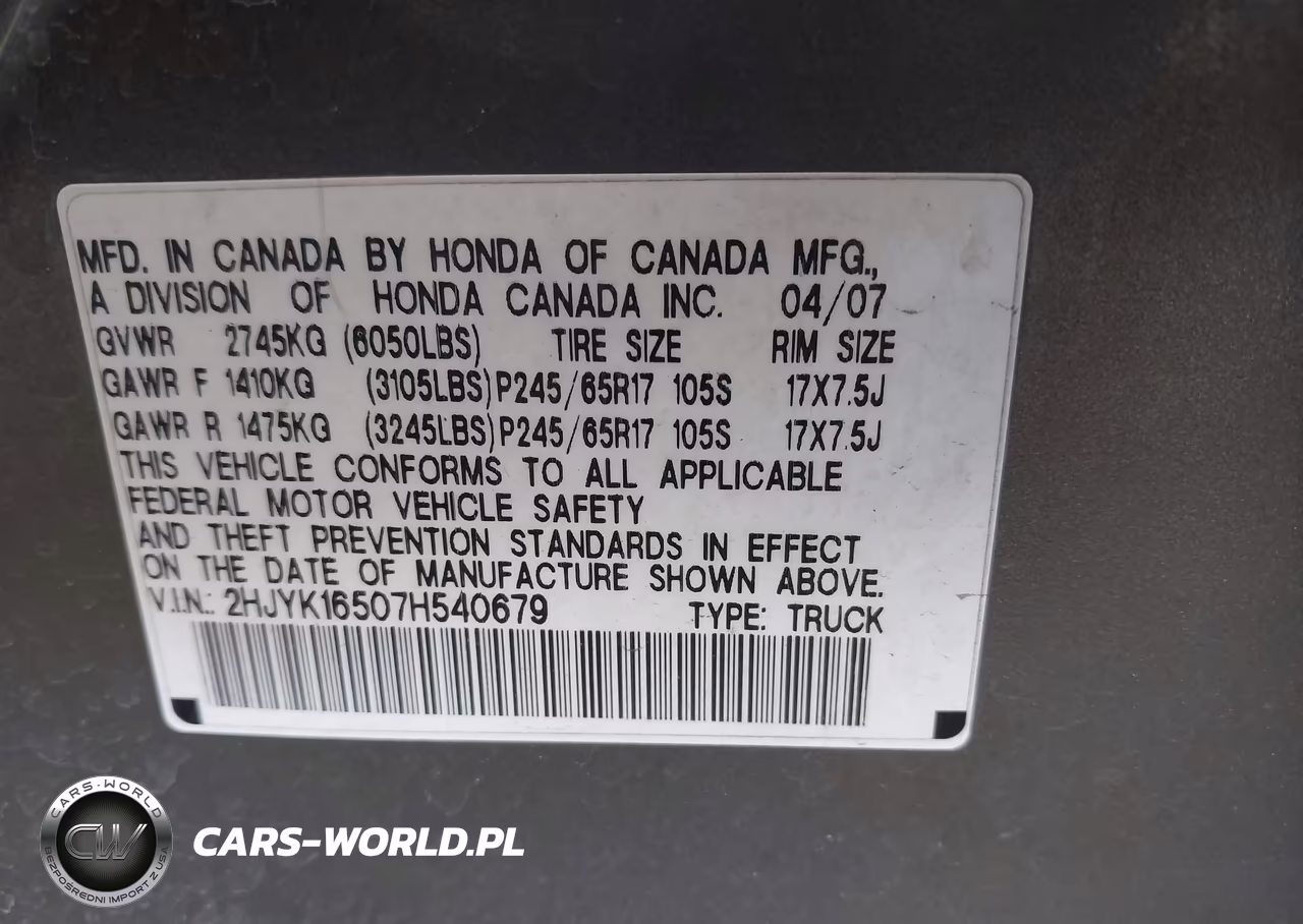 2007 Honda Ridgeline Rtl VIN:2HJYK16507H540679 - 9