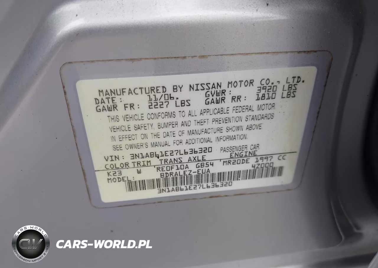 2007 Nissan Sentra 2.0S VIN:3N1AB61E27L636320 - 9