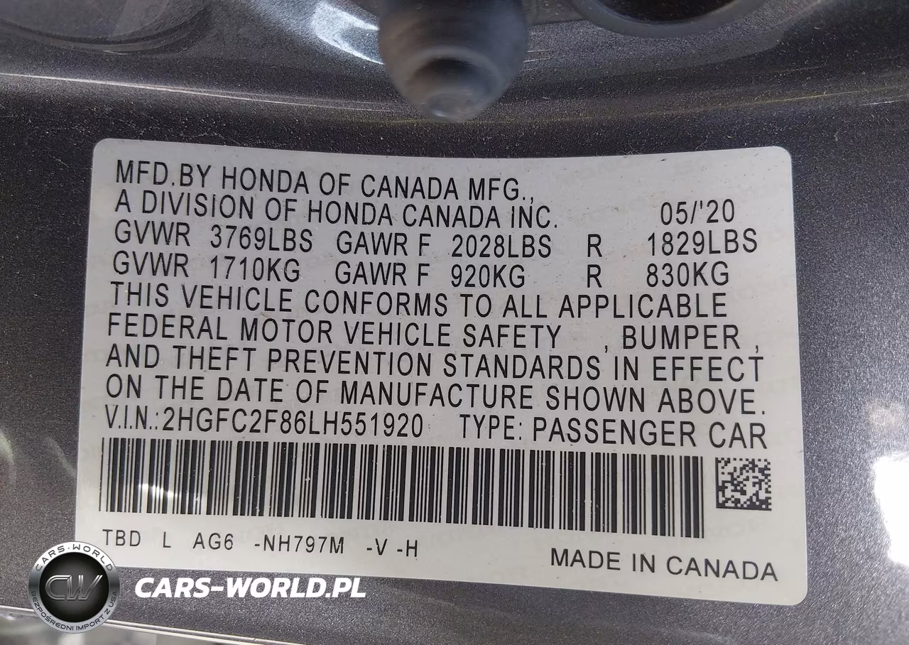 2020 Honda Civic Sport VIN:2HGFC2F86LH551920 - 9