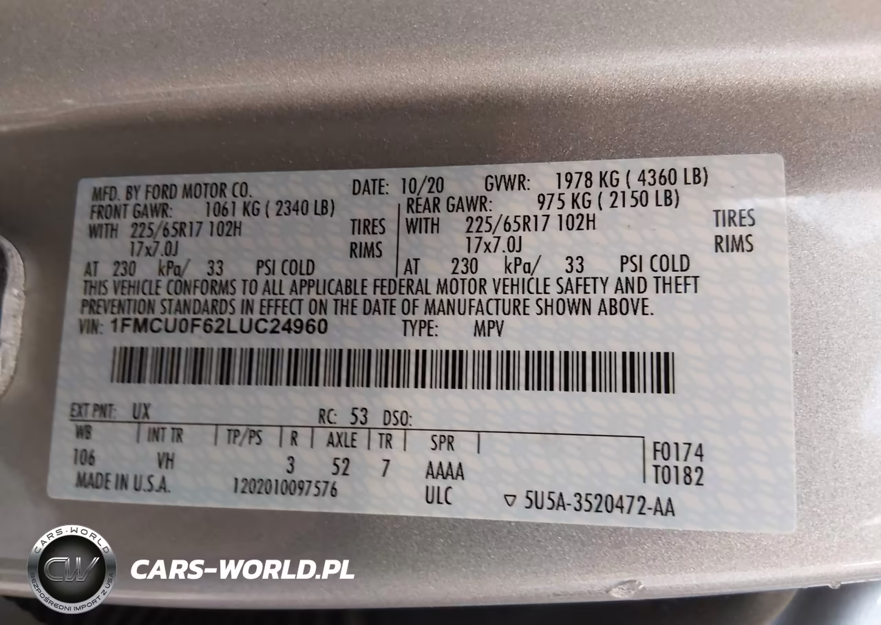 2020 Ford Escape S VIN:1FMCU0F62LUC24960 - 9