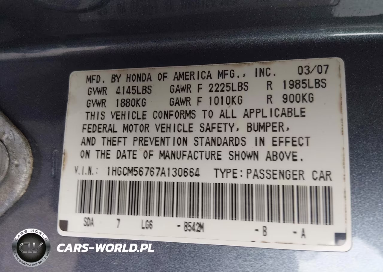 2007 Honda Accord 2.4 Ex VIN:1HGCM56767A130664 - 9
