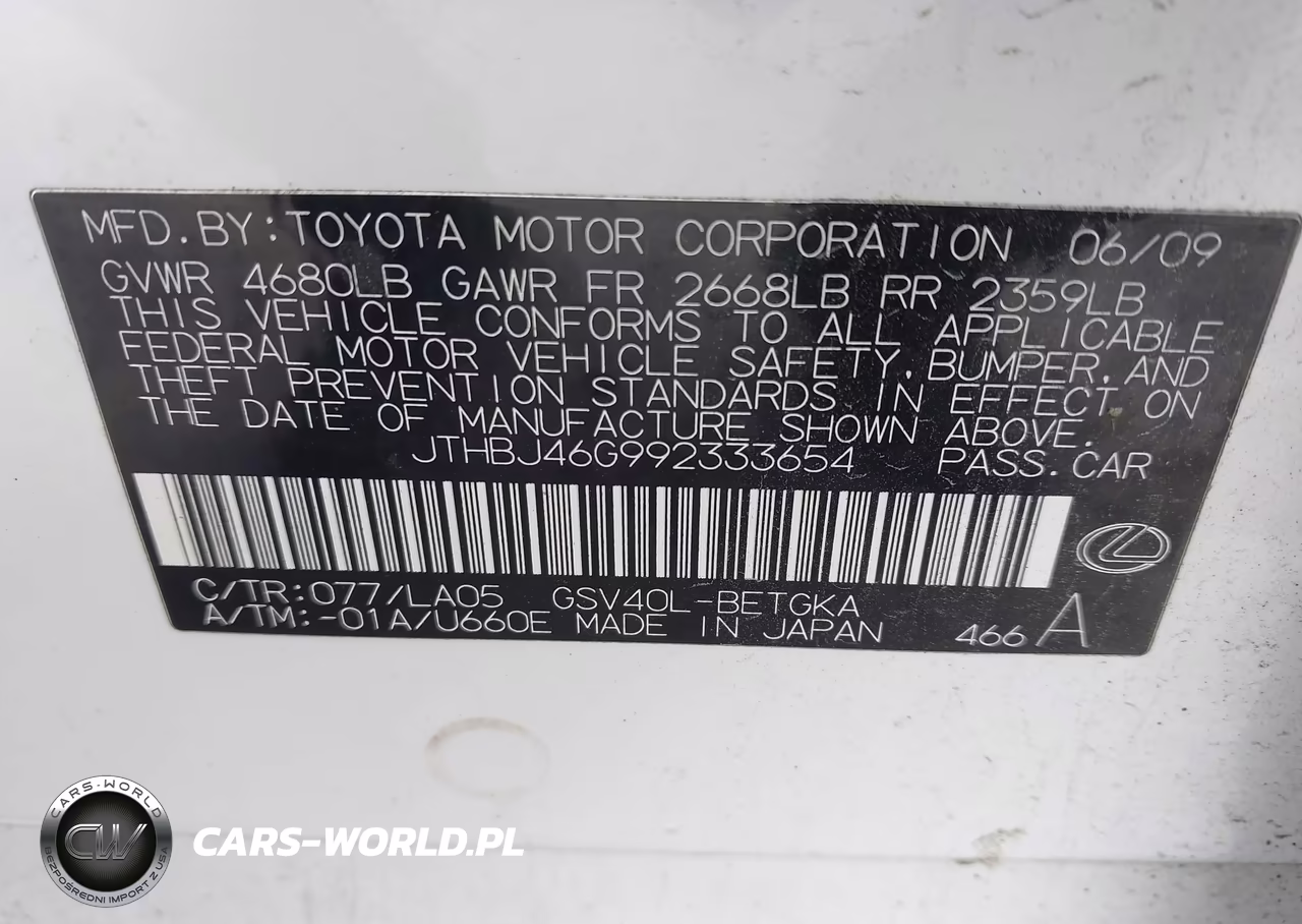 2009 Lexus Es 350 VIN:JTHBJ46G992333654 - 9