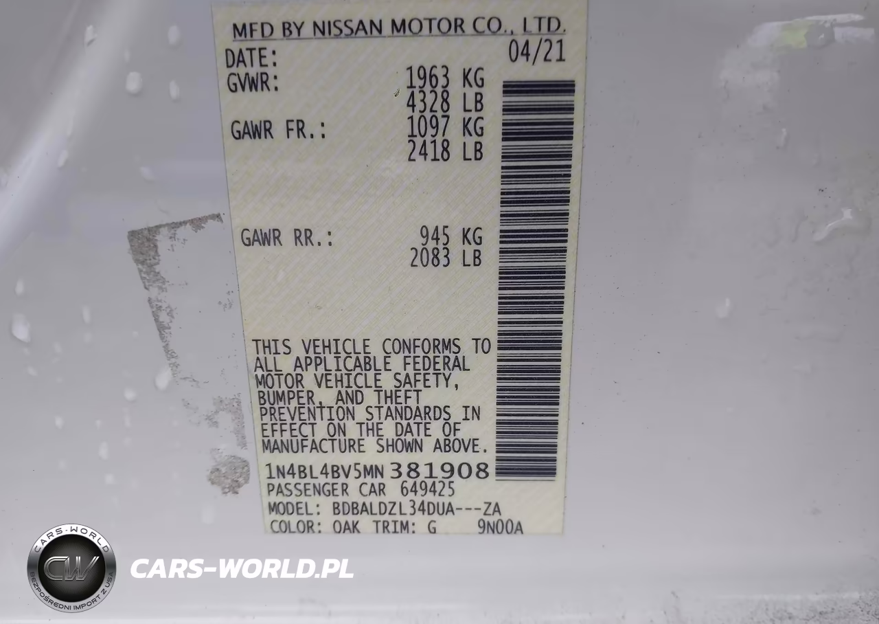 2021 Nissan Altima S Fwd VIN:1N4BL4BV5MN381908 - 9