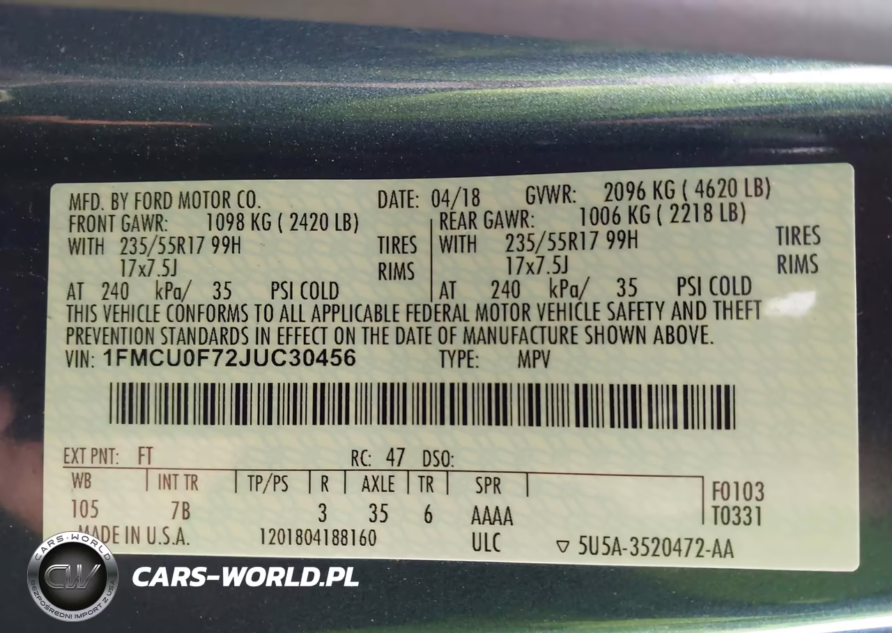 2018 Ford Escape S VIN:1FMCU0F72JUC30456 - 9