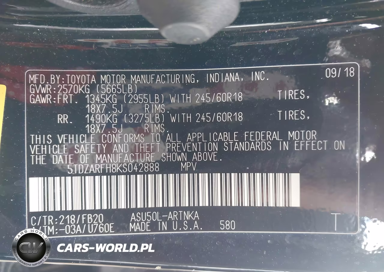 2019 Toyota Highlander Le VIN:5TDZARFH8KS042888 - 9