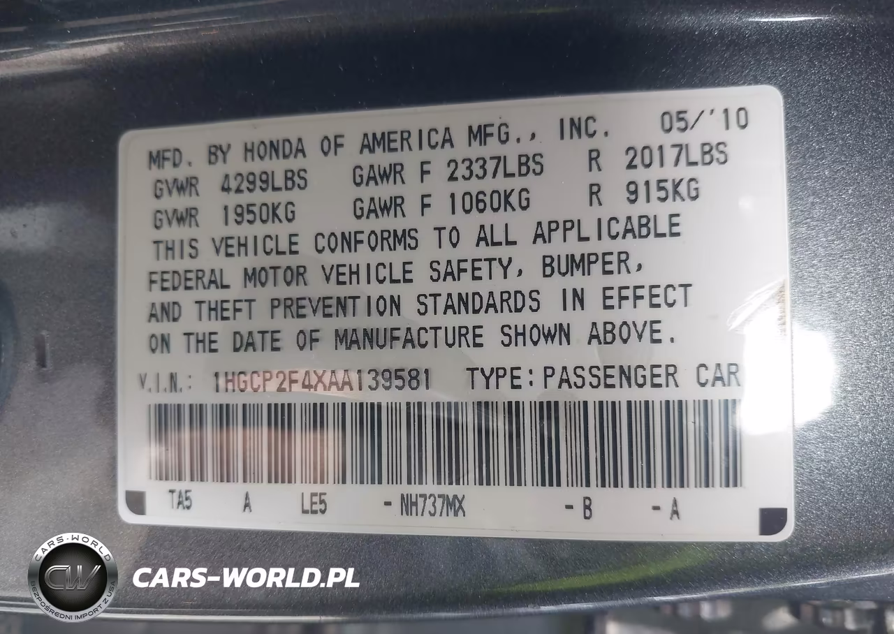 2010 Honda Accord 2.4 Lx-P VIN:1HGCP2F4XAA139581 - 9