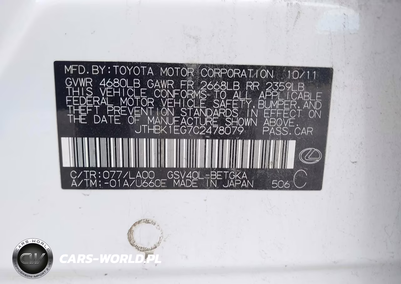 2012 Lexus Es 350 VIN:JTHBK1EG7C2478079 - 9