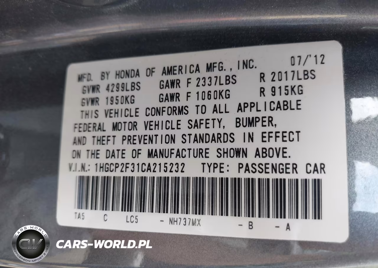 2012 Honda Accord 2.4 Lx VIN:1HGCP2F31CA215232 - 9