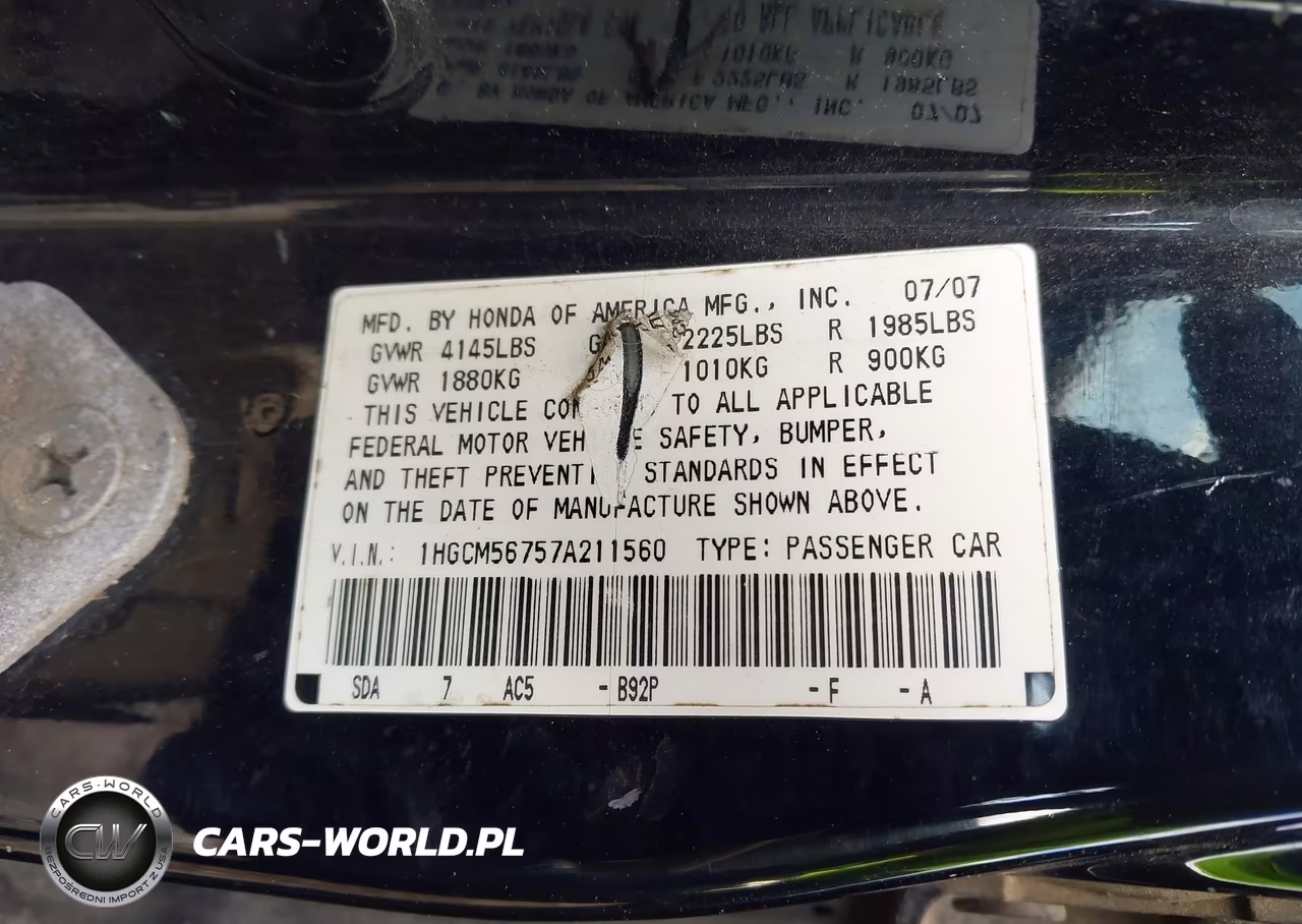 2007 Honda Accord 2.4 Ex VIN:1HGCM56757A211560 - 9