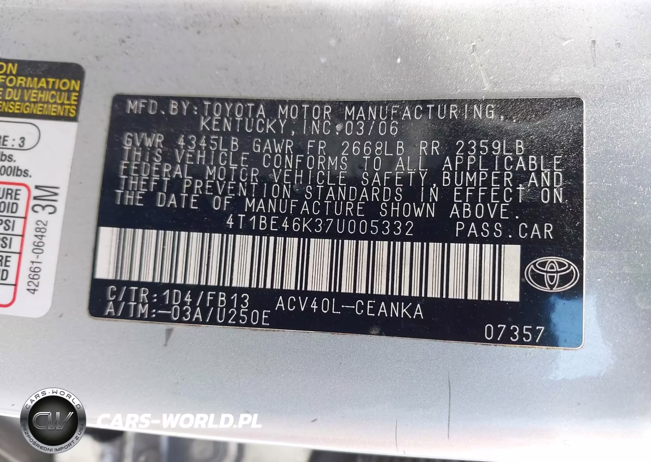 2007 Toyota Camry Ce VIN:4T1BE46K37U005332 - 9