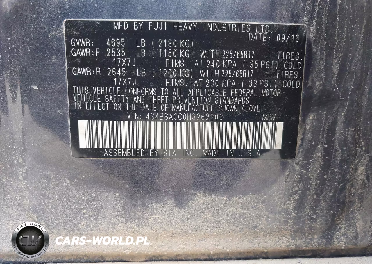 2017 Subaru Outback 2.5I Premium VIN:4S4BSACC0H3262203 - 9