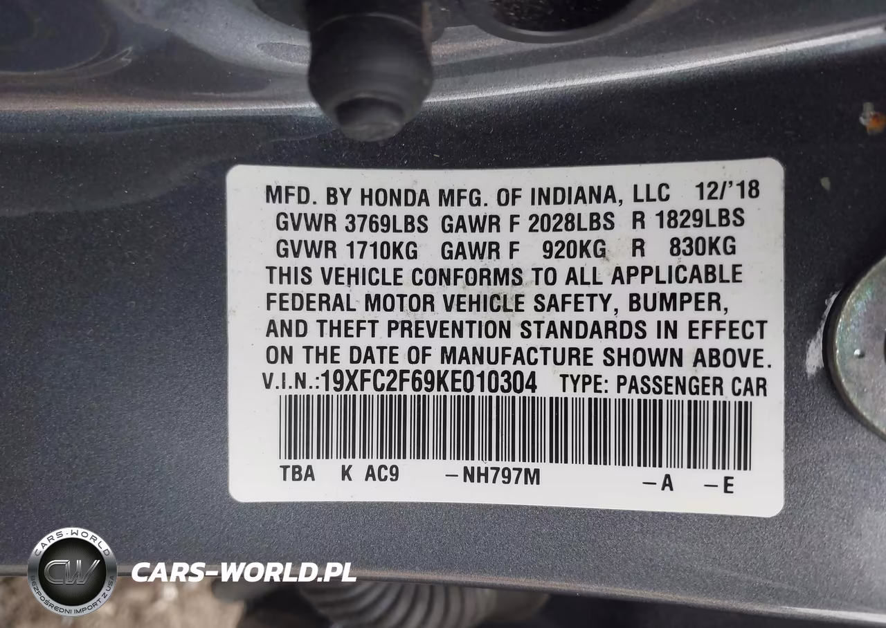 2019 Honda Civic Lx VIN:19XFC2F69KE010304 - 9