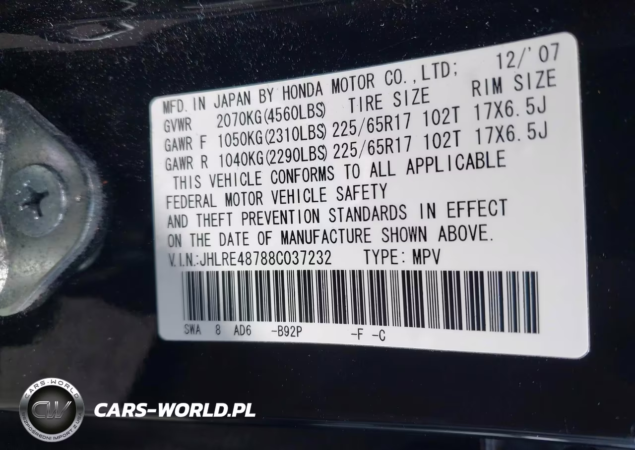 2008 Honda Cr-V Ex-L VIN:JHLRE48788C037232 - 9