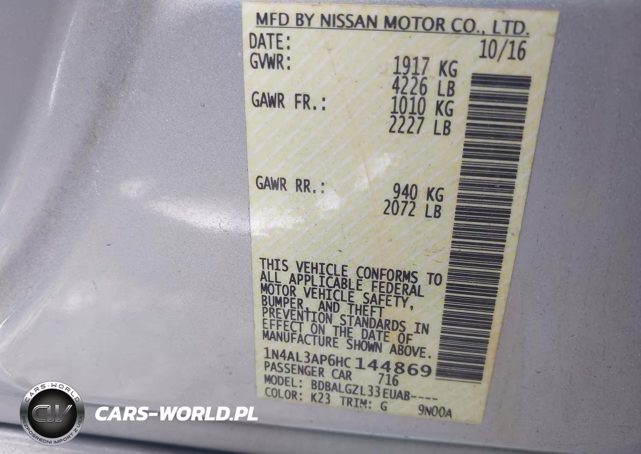 2017 Nissan Altima 2.5-2.5 S-2.5 Sl-2.5 Sr-2.5 Sv VIN:1N4AL3AP6HC144869 - 9