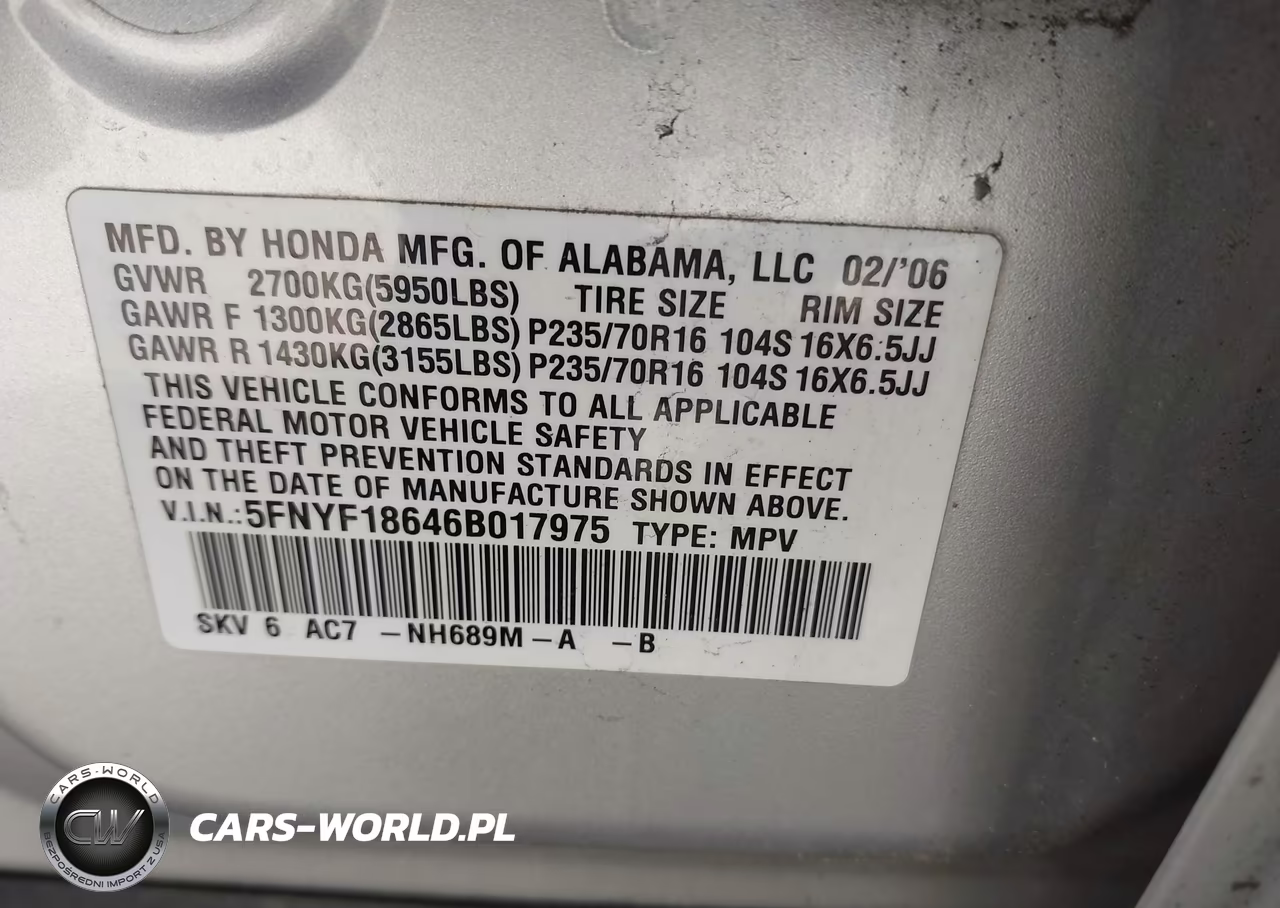 2006 Honda Pilot Ex-L VIN:5FNYF18646B017975 - 9