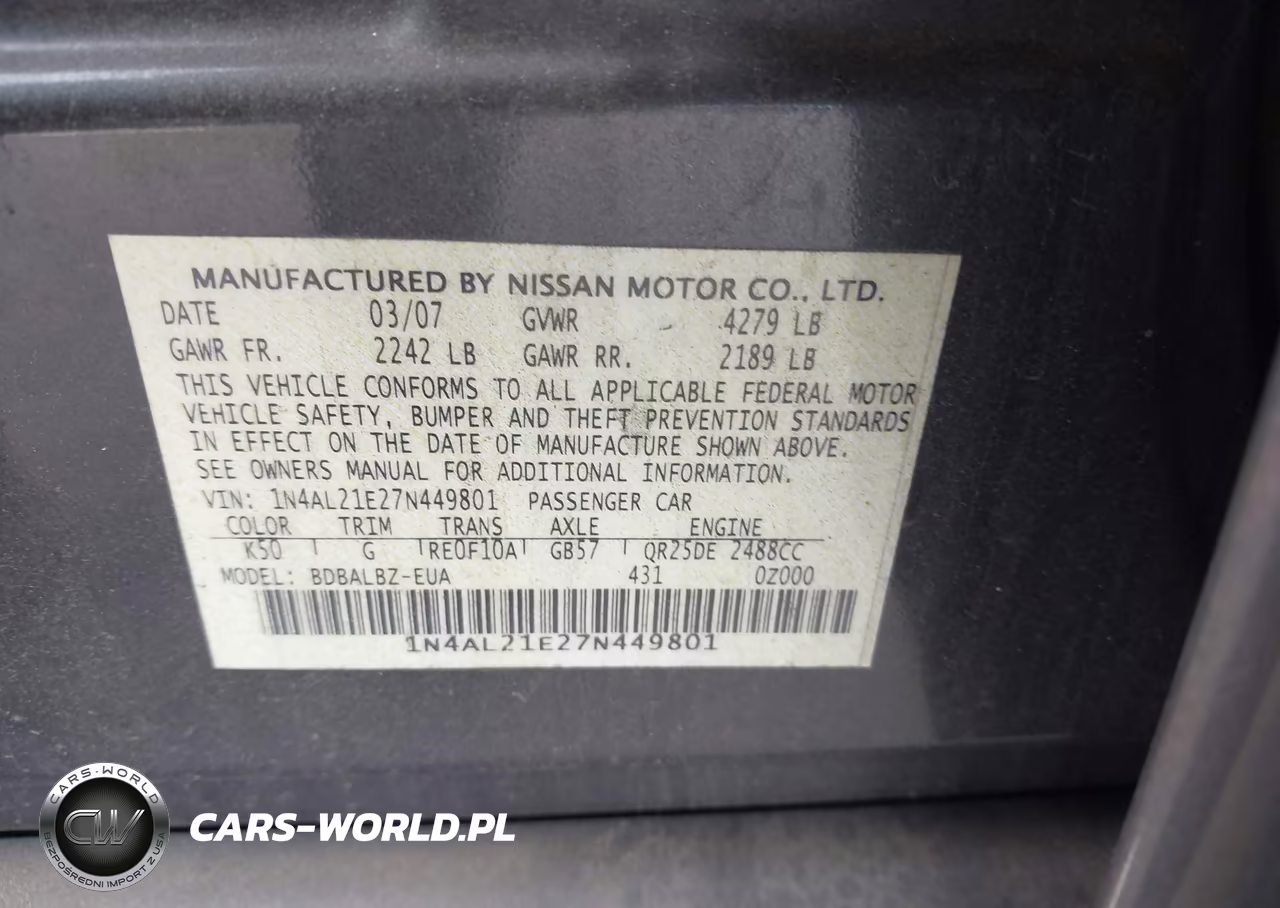 2007 Nissan Altima 2.5 S VIN:1N4AL21E27N449801 - 9