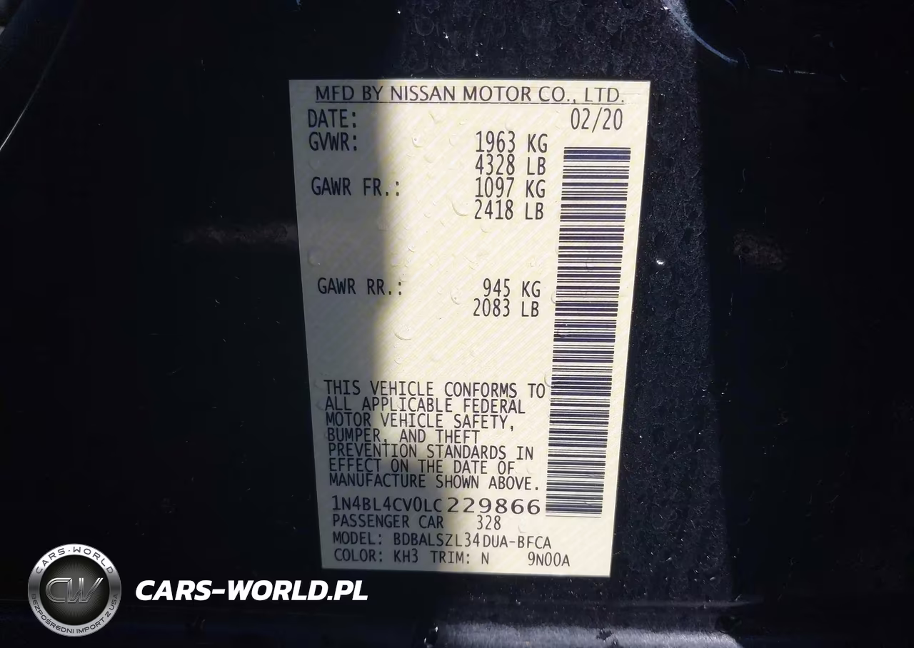 2020 Nissan Altima Sr Fwd VIN:1N4BL4CV0LC229866 - 9