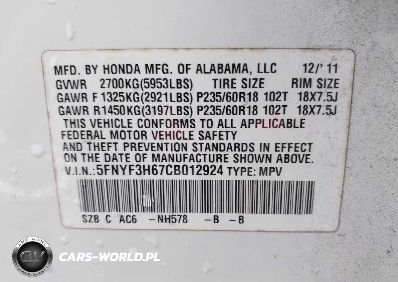 2012 Honda Pilot Ex-L VIN:5FNYF3H67CB012924 - 9