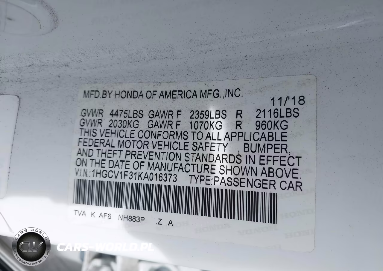 2019 Honda Accord Sport VIN:1HGCV1F31KA016373 - 9