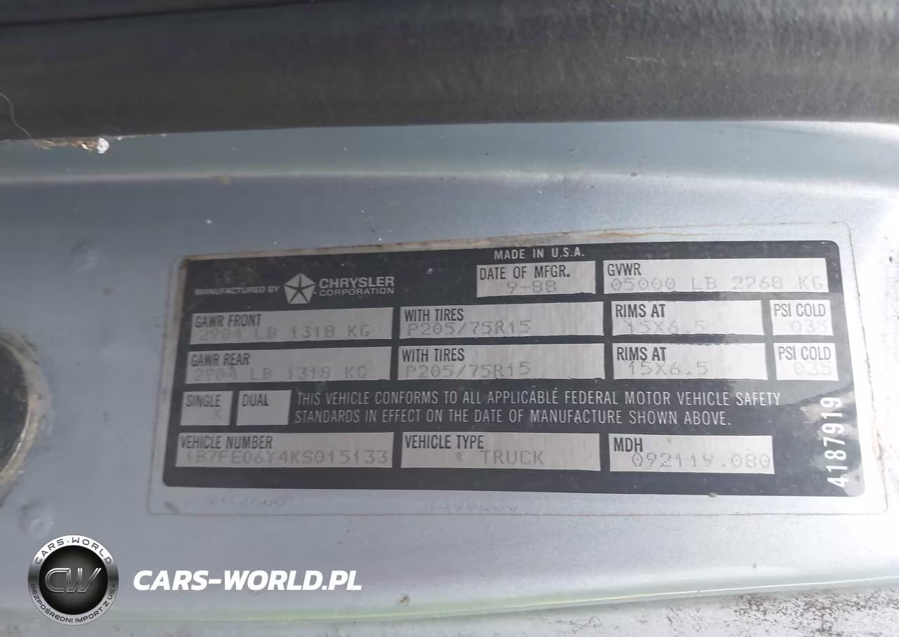 1989 Dodge D-Series D100 VIN:1B7FE06Y4KS015133 - 9