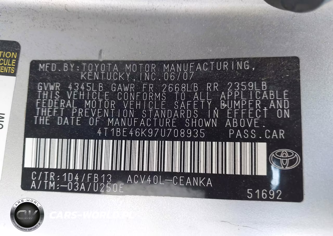 2007 Toyota Camry Le VIN:4T1BE46K97U708935 - 9