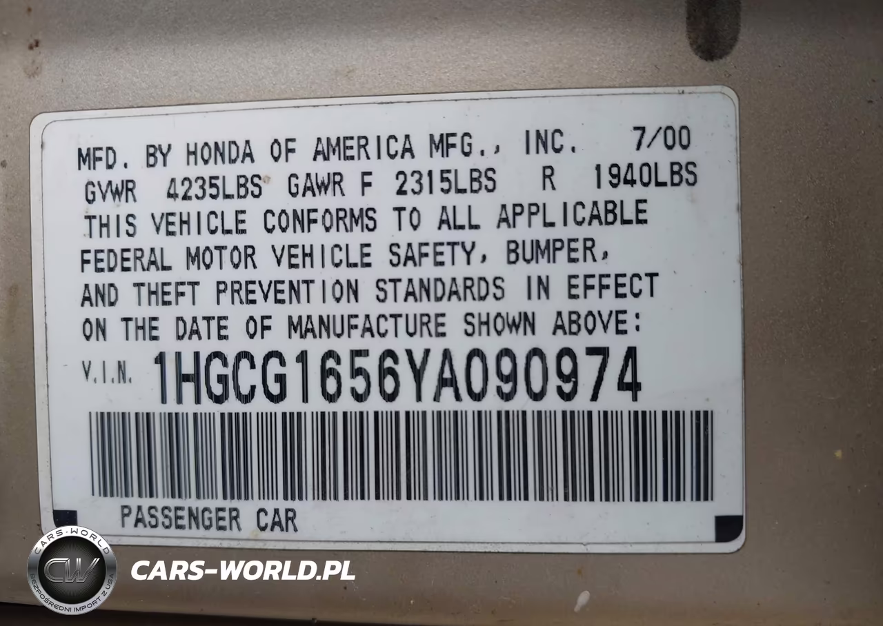 2000 Honda Accord 3.0 Ex VIN:1HGCG1656YA090974 - 9