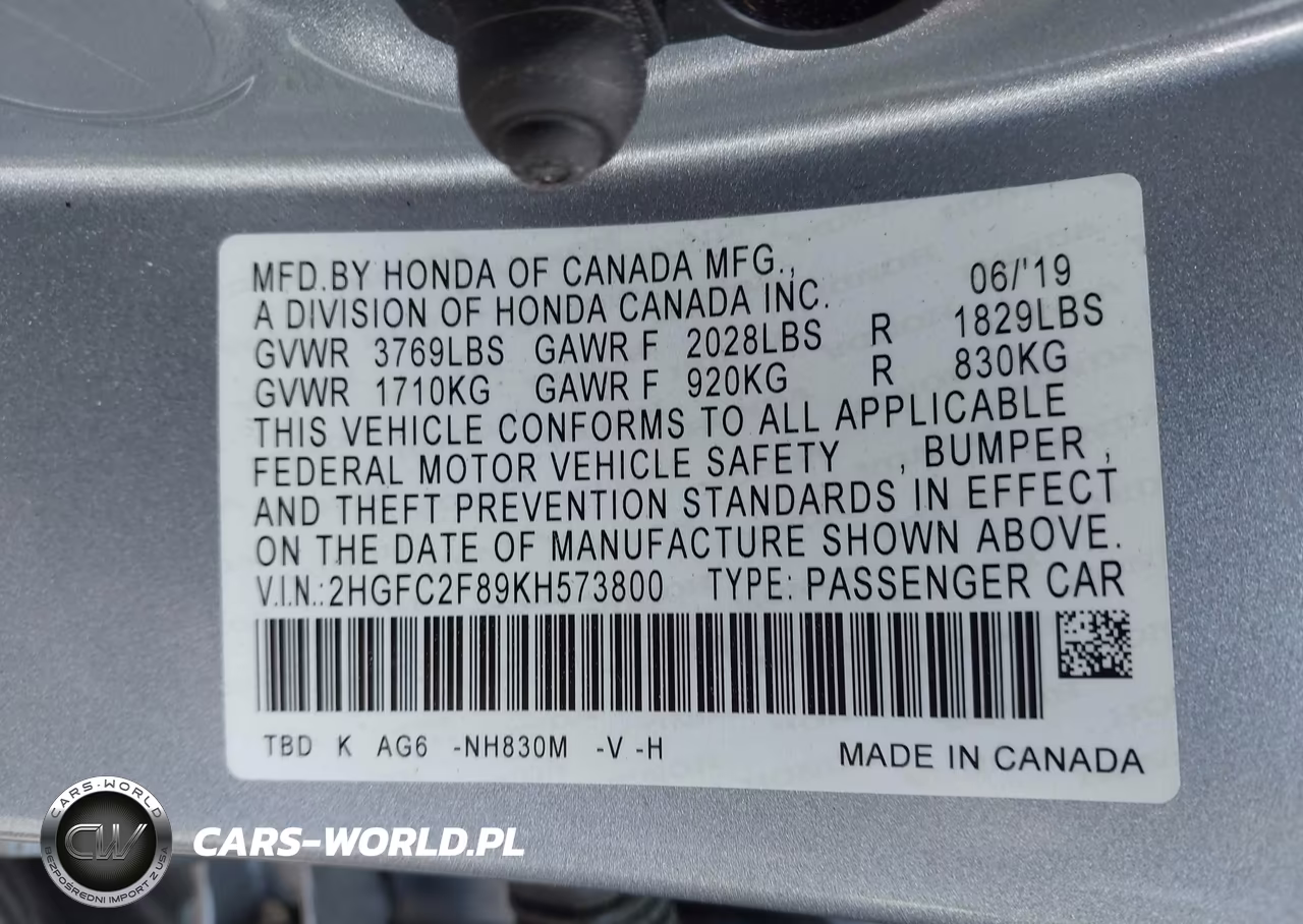 2019 Honda Civic Sport VIN:2HGFC2F89KH573800 - 9