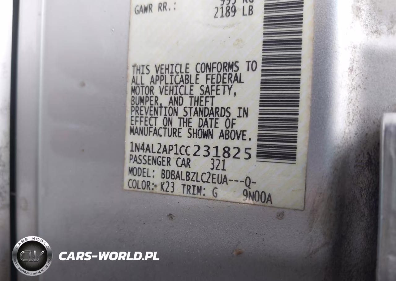 NISSAN ALTIMA BAS VIN:1N4AL2AP1CC231825 - 9