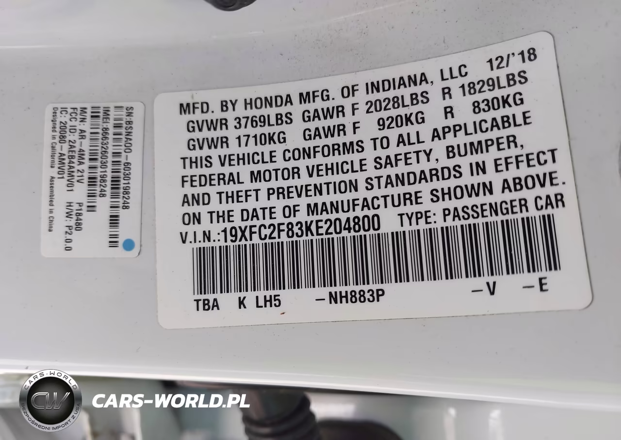 2019 Honda Civic Sport VIN:19XFC2F83KE204800 - 9