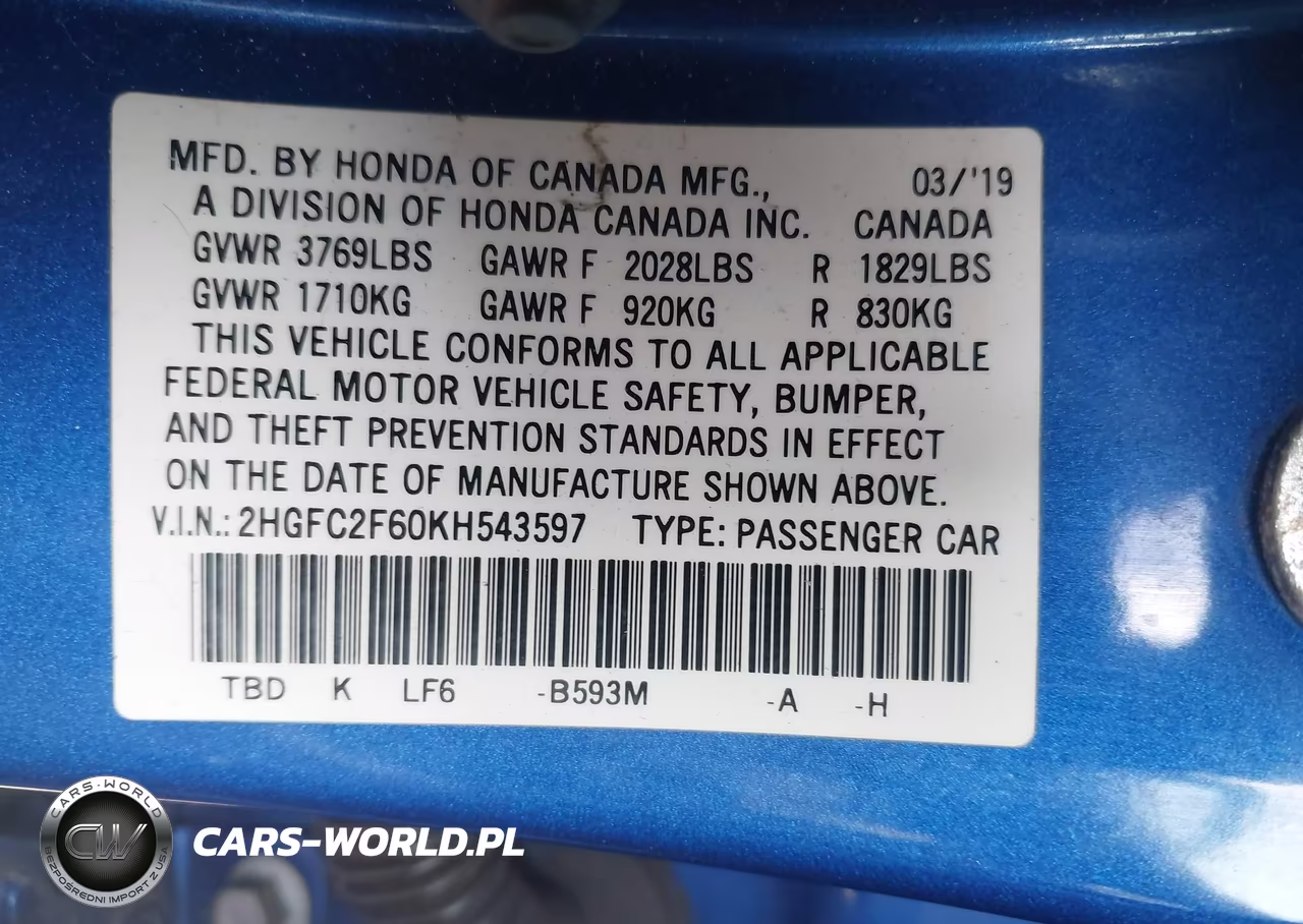 2019 Honda Civic Lx VIN:2HGFC2F60KH543597 - 9