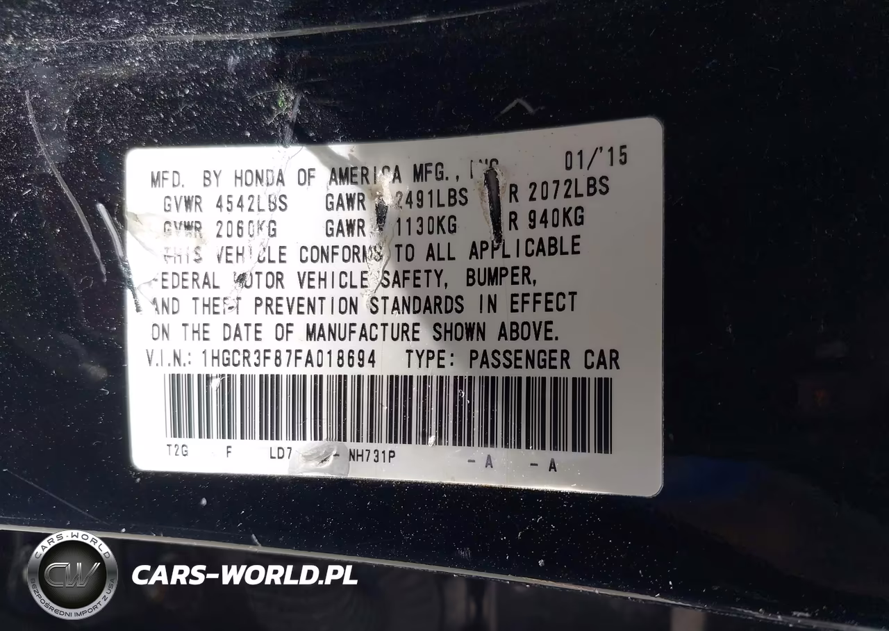 2015 Honda Accord Ex-L V-6 VIN:1HGCR3F87FA018694 - 9