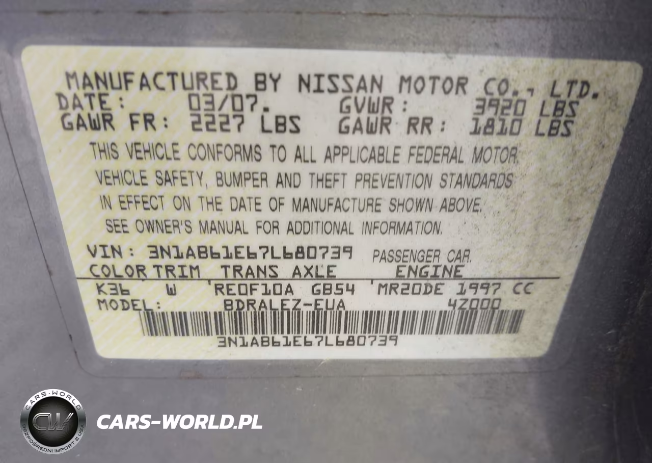 2007 Nissan Sentra 2.0S VIN:3N1AB61E67L680739 - 9
