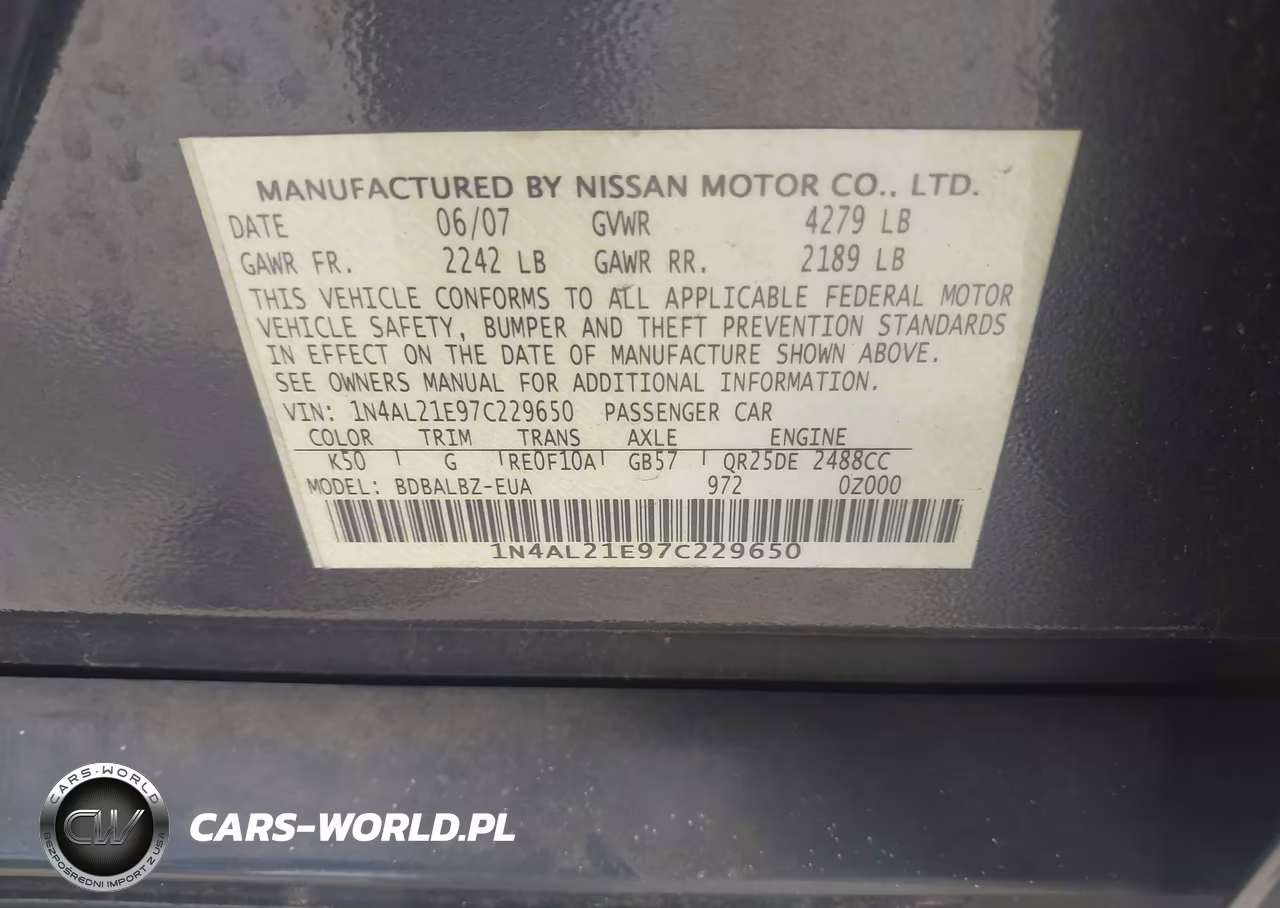 2007 Nissan Altima 2.5 S VIN:1N4AL21E97C229650 - 9