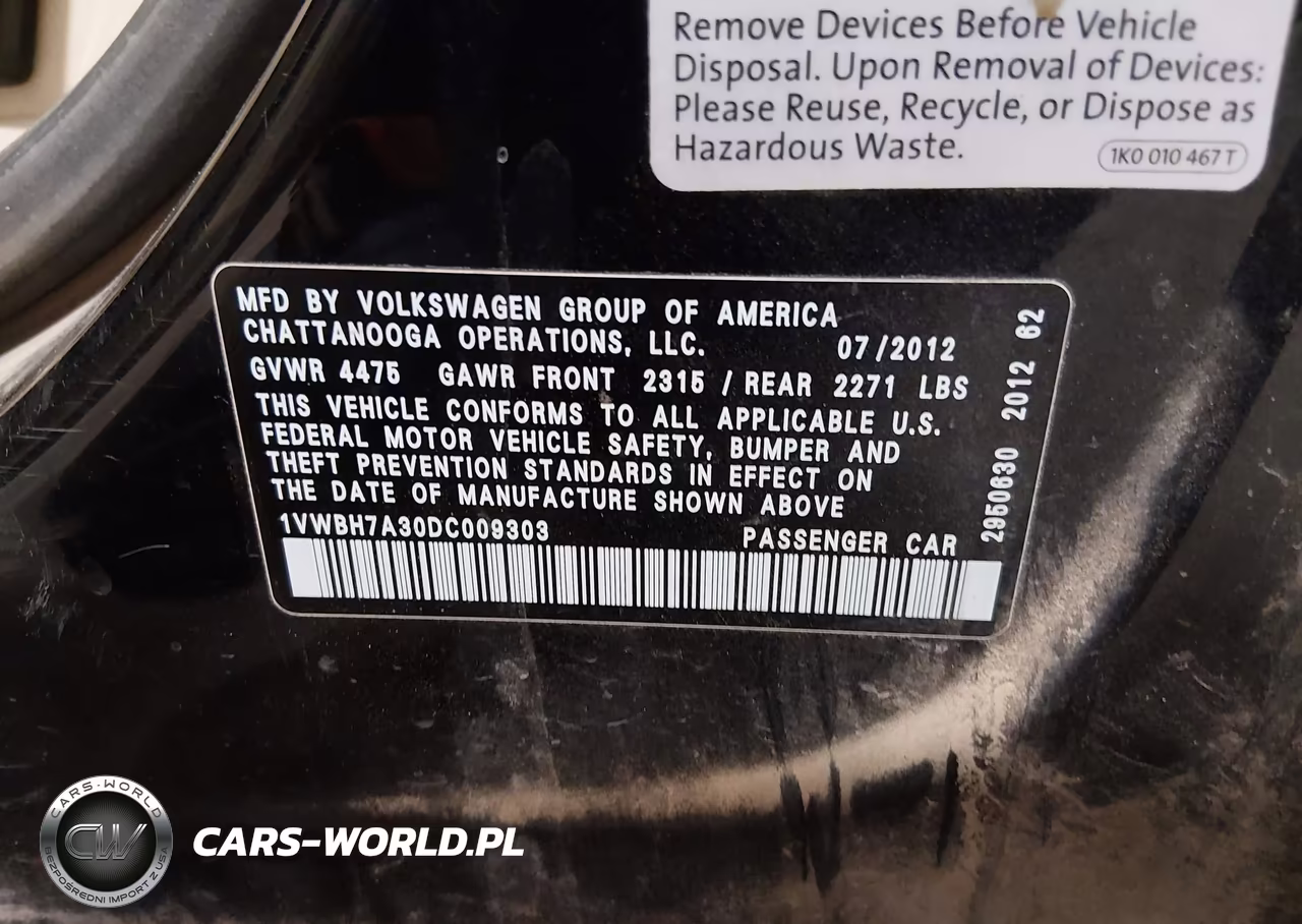 2013 Volkswagen Passat 2.5L Se VIN:1VWBH7A30DC009303 - 9