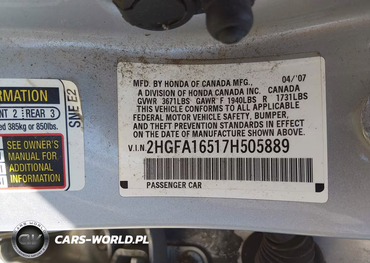 2007 Honda Civic Lx VIN:2HGFA16517H505889 - 9