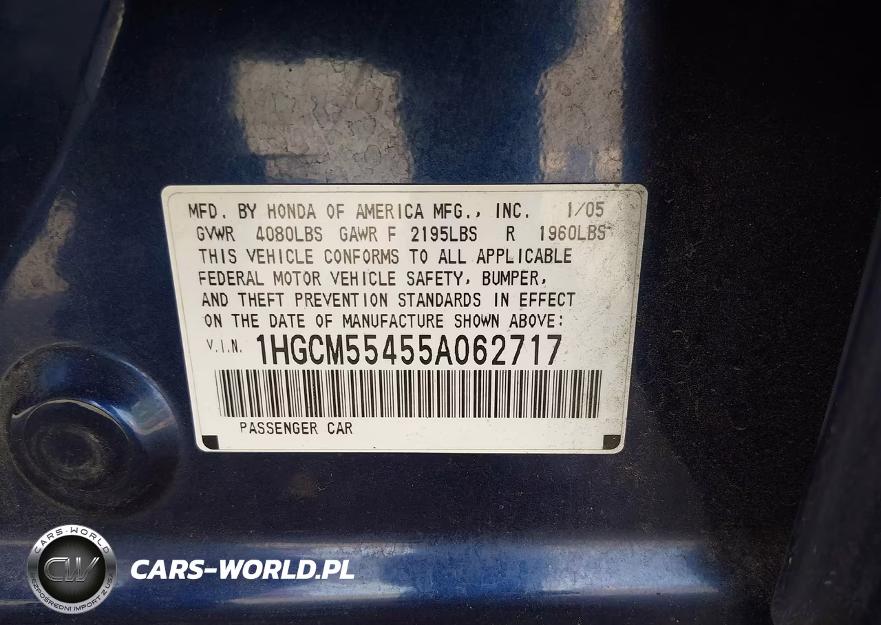 2005 Honda Accord 2.4 Lx VIN:1HGCM55455A062717 - 9