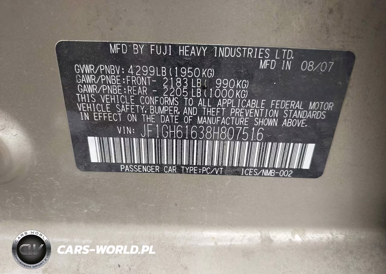 2008 Subaru Impreza 2.5I VIN:JF1GH61638H807516 - 9