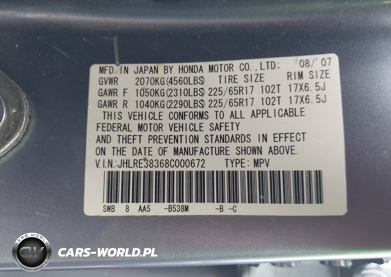 2008 Honda Cr-V Lx VIN:JHLRE38368C000672 - 9