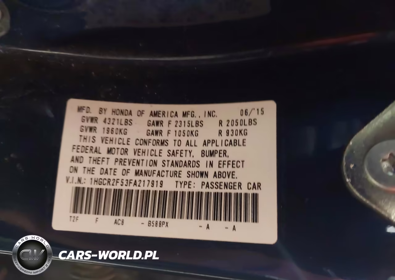 2015 Honda Accord Sport VIN:1HGCR2F53FA217919 - 9