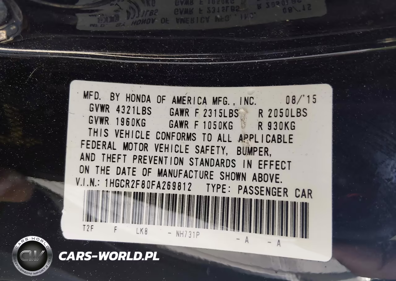 2015 Honda Accord Ex-L VIN:1HGCR2F80FA269812 - 9