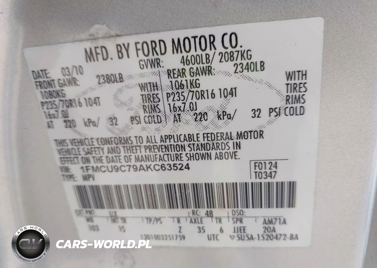 2010 Ford Escape Xls VIN:1FMCU9C79AKC63524 - 9