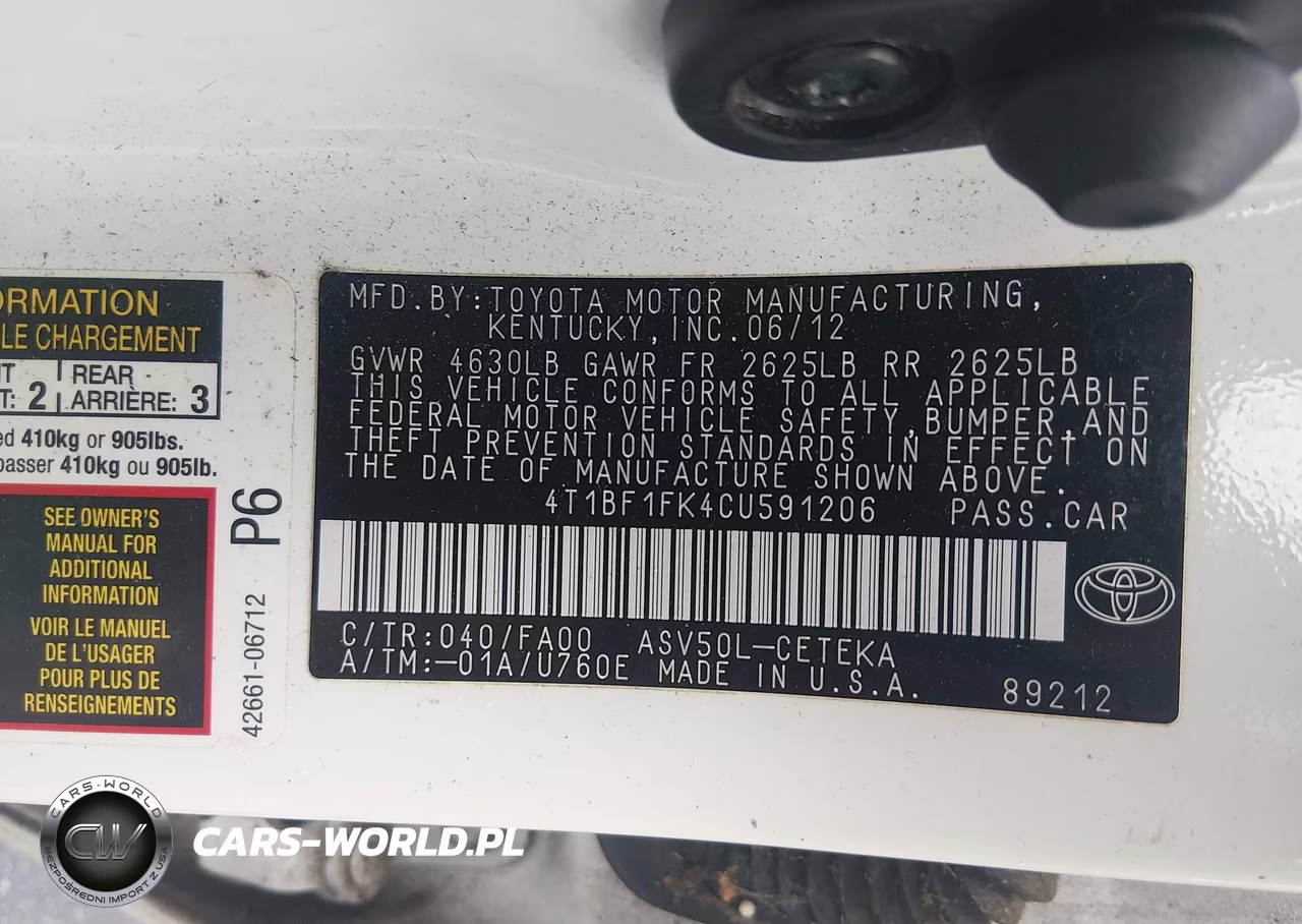 2012 Toyota Camry L VIN:4T1BF1FK4CU591206 - 9