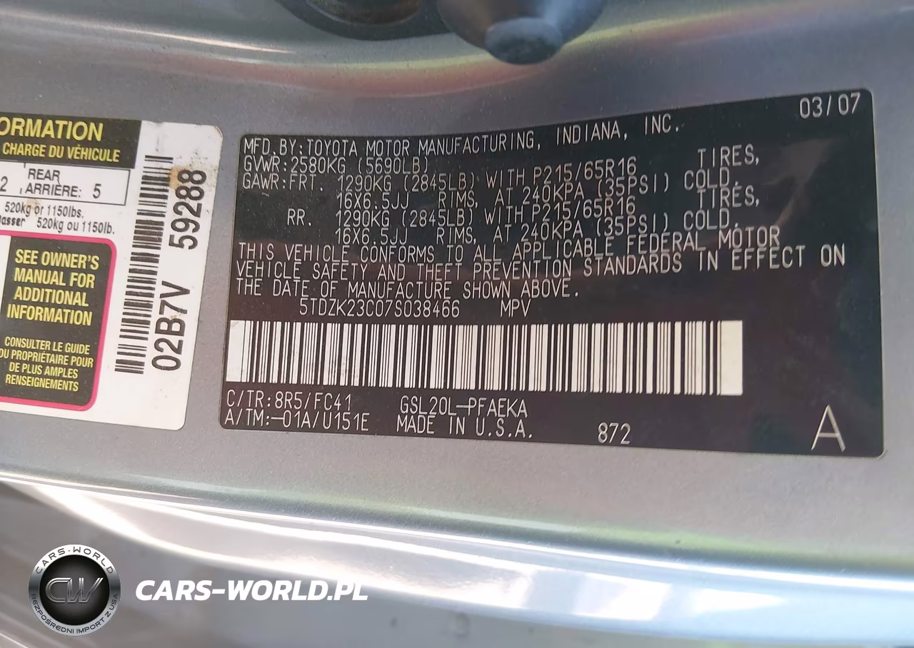 2007 Toyota Sienna Le VIN:5TDZK23C07S038466 - 9
