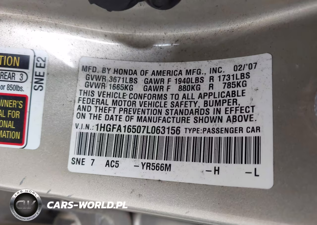 2007 Honda Civic Lx VIN:1HGFA16507L063156 - 9