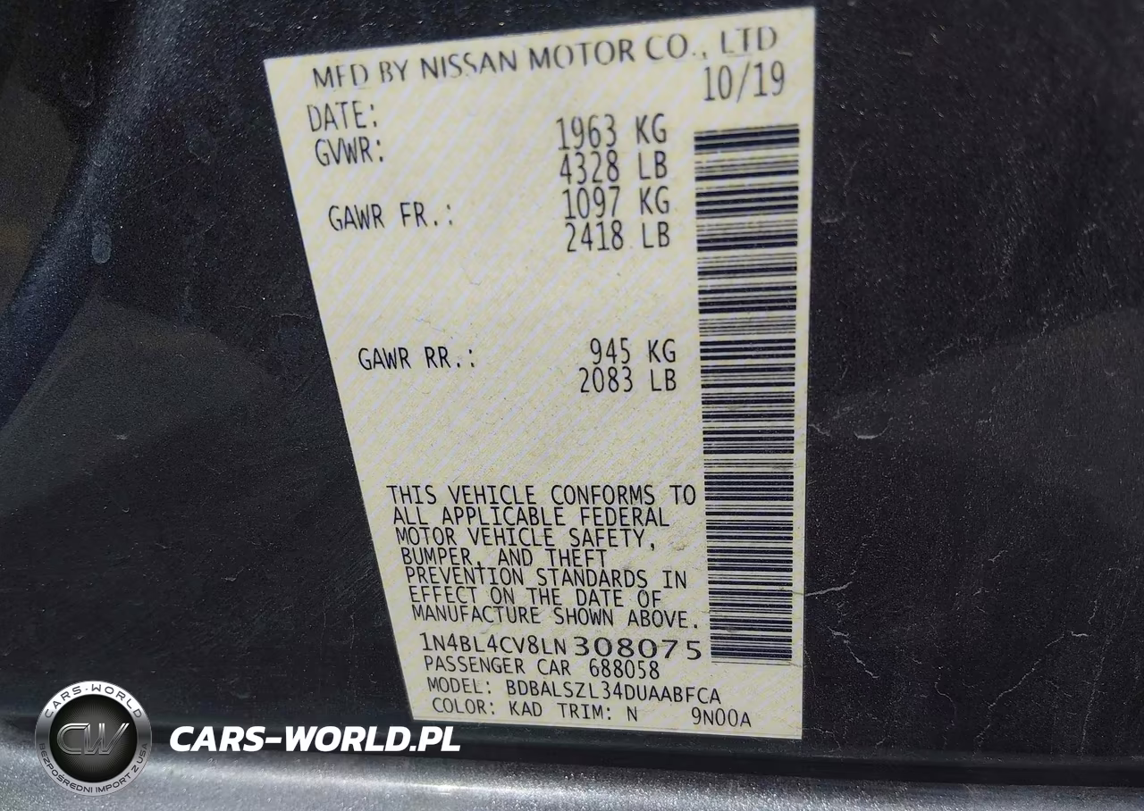 2020 Nissan Altima Sr Fwd VIN:1N4BL4CV8LN308075 - 9