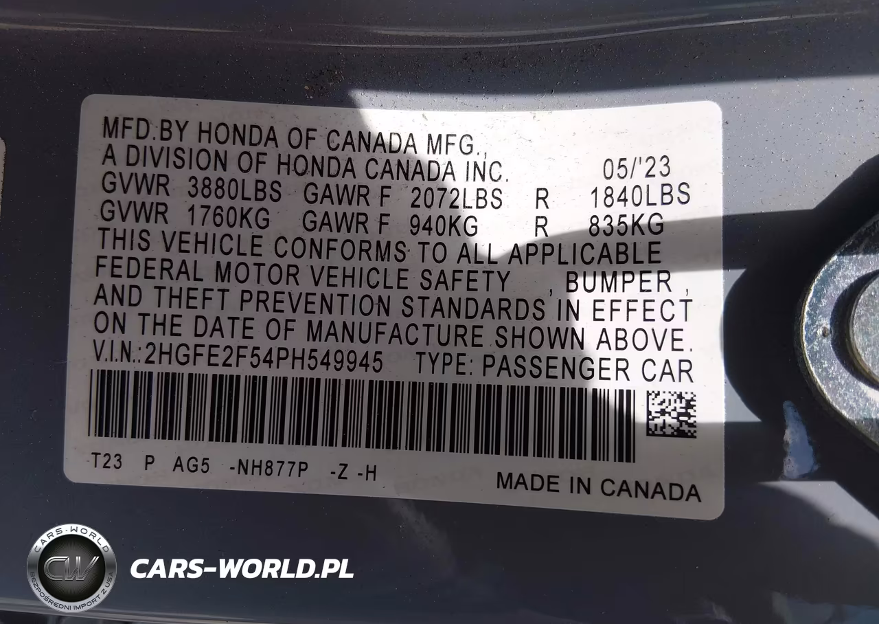 2023 Honda Civic Sport VIN:2HGFE2F54PH549945 - 9